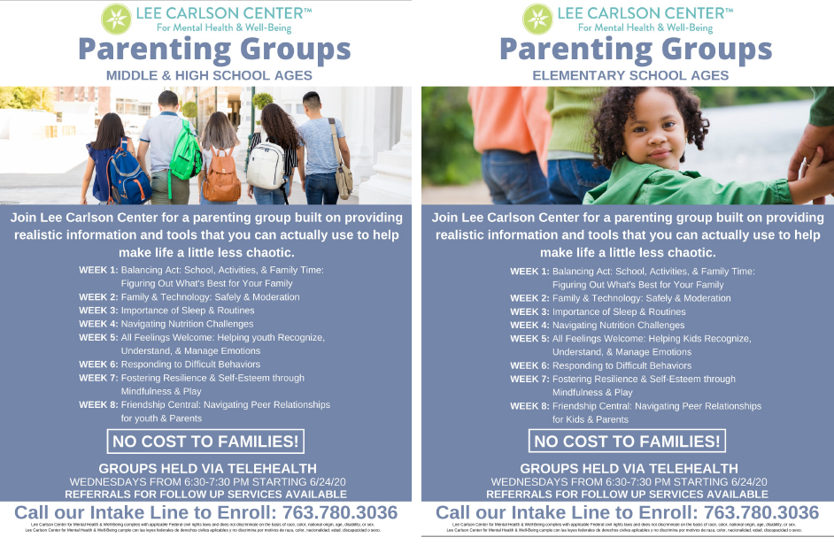 Lee Carlson Center is offering no cost parenting groups for parents of school age children!